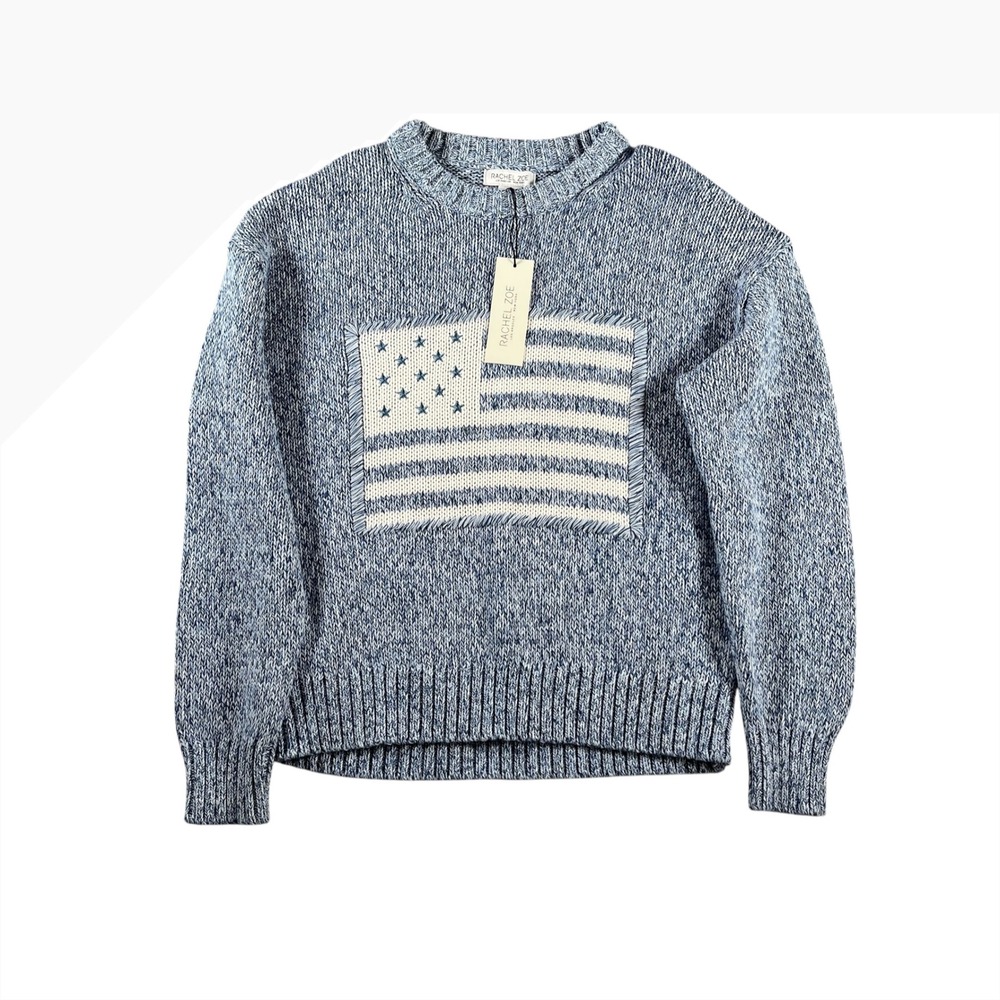 Rachel Zoe Womens Blue White American Flag Cotton Knit Crewneck Sweater Small